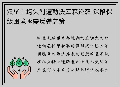 汉堡主场失利遭勒沃库森逆袭 深陷保级困境亟需反弹之策