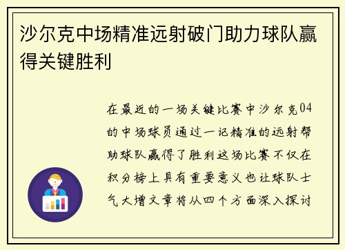 沙尔克中场精准远射破门助力球队赢得关键胜利