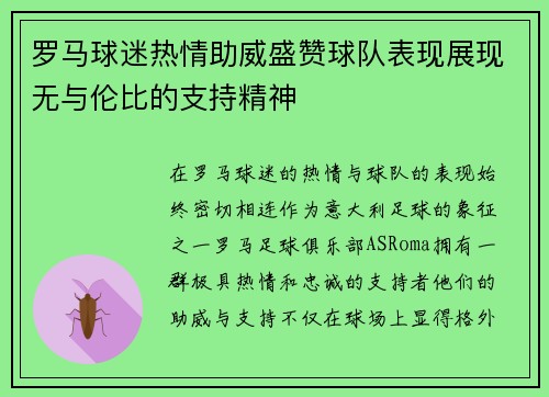 罗马球迷热情助威盛赞球队表现展现无与伦比的支持精神