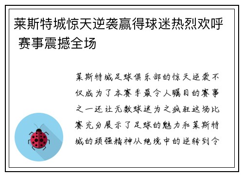 莱斯特城惊天逆袭赢得球迷热烈欢呼 赛事震撼全场