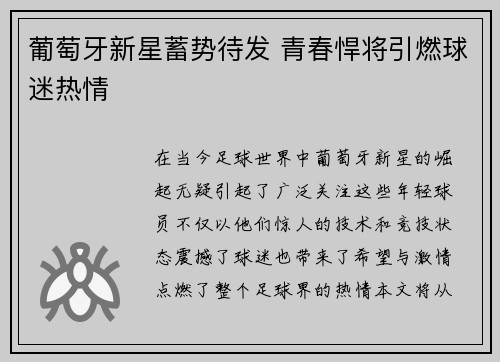 葡萄牙新星蓄势待发 青春悍将引燃球迷热情