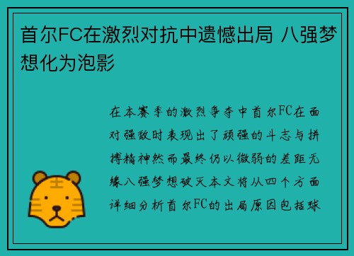 首尔FC在激烈对抗中遗憾出局 八强梦想化为泡影